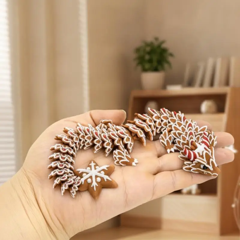 .New-3D Printed Multi-Joint Moveable Gingerbread Dragon Ornament Imitation Cookie Material Stress Relief Holiday Christmas Gift