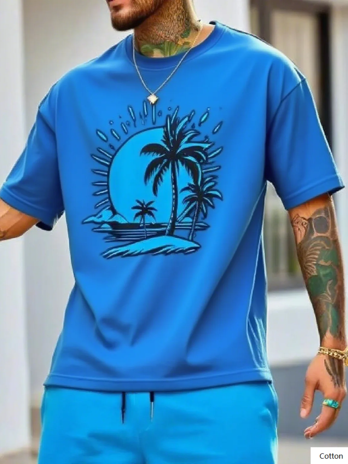 تي شيرت قطني برسومات شجرة النخيل والقمر على طراز العطلة الاستوائية - قميص علوي مثالي للشاطئ والمظهر غير الرسمي تي شيرت S-4XL