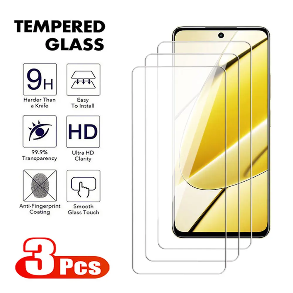 3Pcs Full Tempered Glass For Realme 11 10 9 8 Pro Screen Protector C20 C21 C25 C30 C31 C33 C35 C51 C53 C55 Protective Film Cover