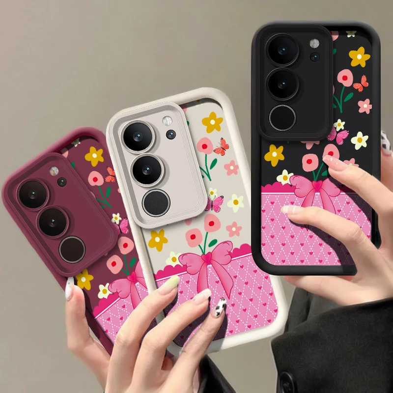 Silicon Matte Phone Case For Vivo Y400 Pro Y300 Y200 Y100 Y72 Y55 Y53S Y52 Y51A Y89 Y81I Y77 Bow Floral Pattern Shockproof Cover