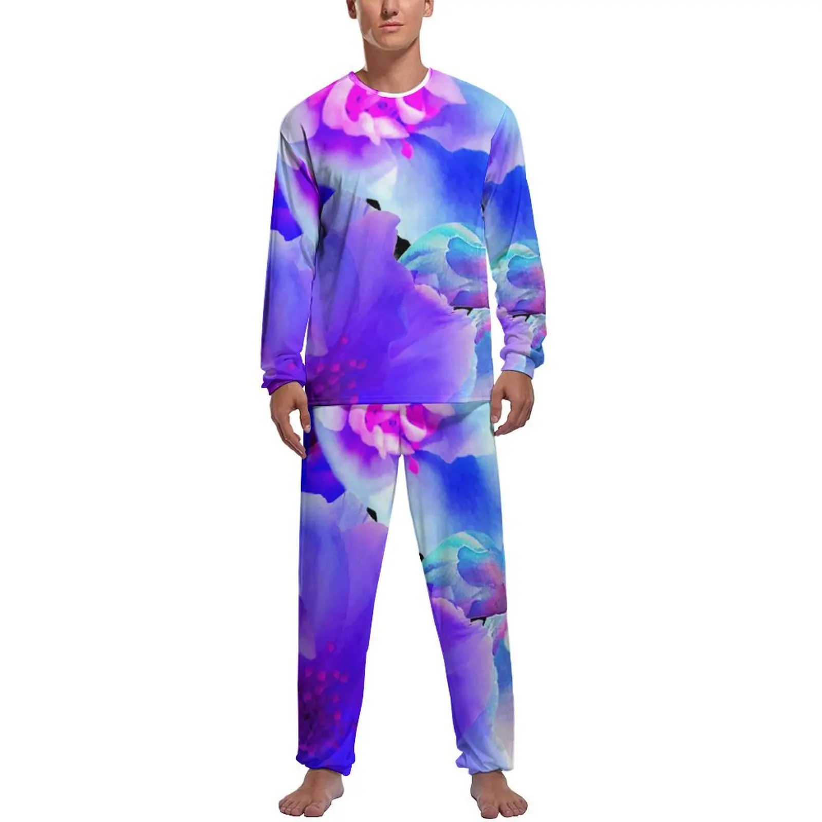 Abstract Flower Print Pajamas Spring 2 Pieces Blossom Blooms Warm Pajama Sets Men Long-Sleeve Aesthetic Printed Sleepwear