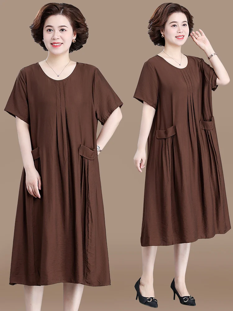 

Летнее платье большого размера из хлопка и шелка для женщин среднего и пожилого возраста, свободного кроя, с круглым вырезом, модное, длинное, для мам.