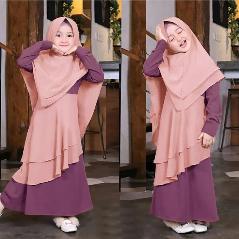 Arabic Princess Ramadan Abayas Muslim Girls Prayer Gown Long Dress+khimar 2pcs Islamic Girls Clothes Sets Dubai Kimono Kaftan