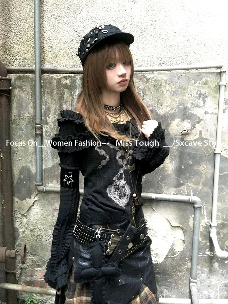 Design Vintage Harajuku Black Tops Women Long Sleeve Subcultural Punk Knit Sweater Gothic American Pullover Female Elegant Y2k