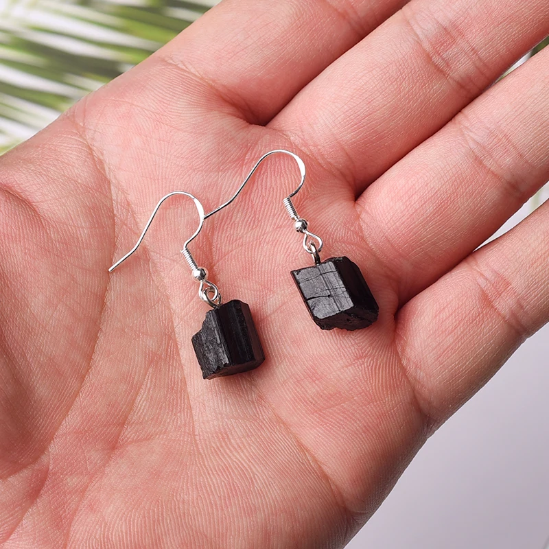 Natural black tourmalines raw stone silver color stud earrings jewelry for women wholesale