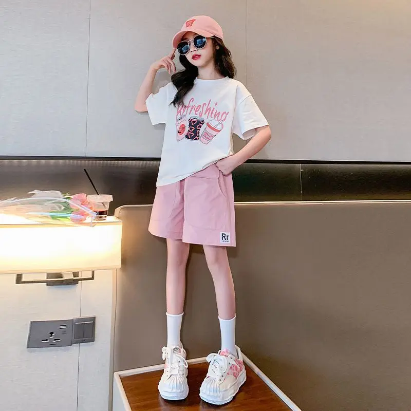 2026 summer girls chiffon cotton print t shirt tops + short pink hot pant Pleated teenager children set 4 5 6 10 12 15 7 8 year