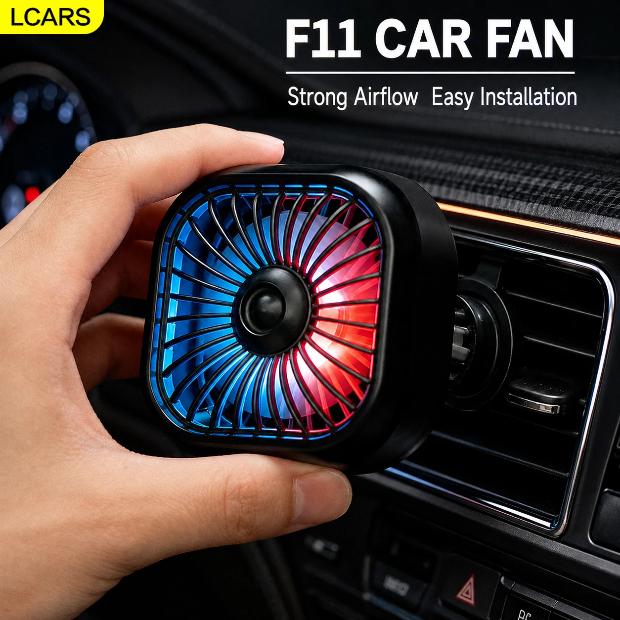 Lcars Car Air Vent Fan with Colorful Ambient Lights, Silent Strong Wind Car Cooling Fan, Easy Clip-On Installation Small Fan