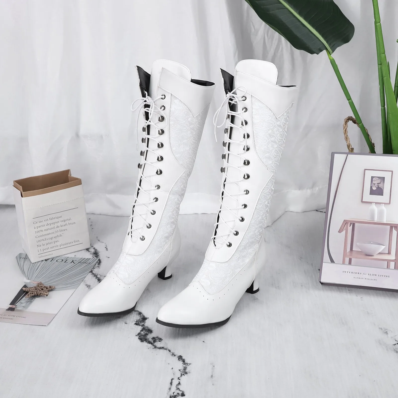 Women\'s Boots Fashion White Lace Patchwork Lace Up Knee High Boots Side Zip Pointed Toe Low Heeled Winter Autumn Modern Boots