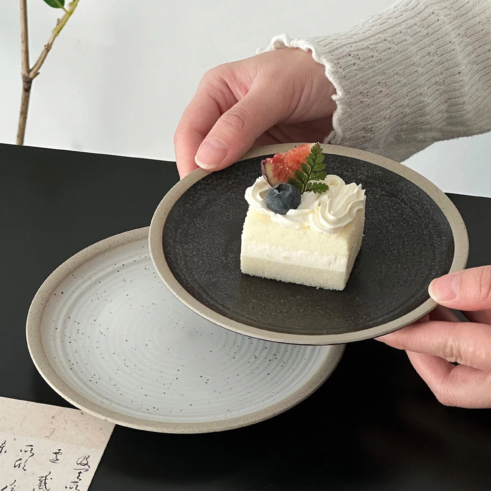 Small Ceramic Dessert Plates Vintage Concentric Ring Texture Speckled Design Dining Plates Afternoon Tea Cake Dish Tableware