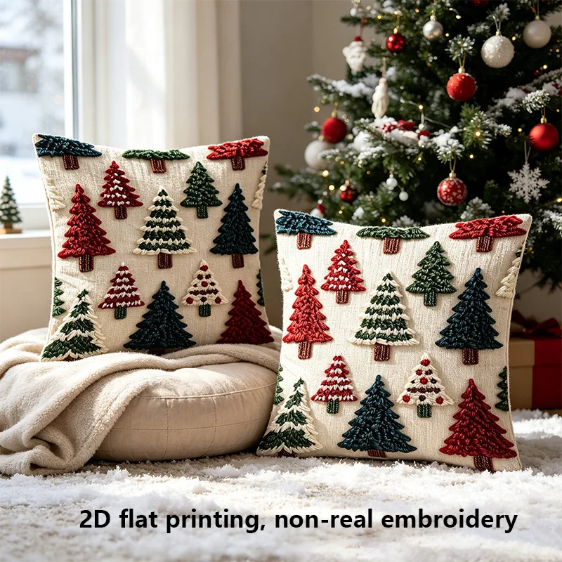1PC 2D Flat Print Pillow Cover Christmas Tree Embroidery Style Holiday Decorative Throw Pillow Sofa Couch Home Decor Gift