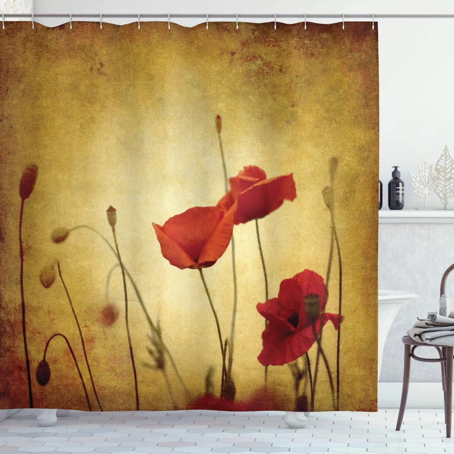 Red Flower Shower Curtain, Poppy Flower Shower Curtains with Floral Washable Fabric Shower Curtains for Bathroom Sets with Hooks