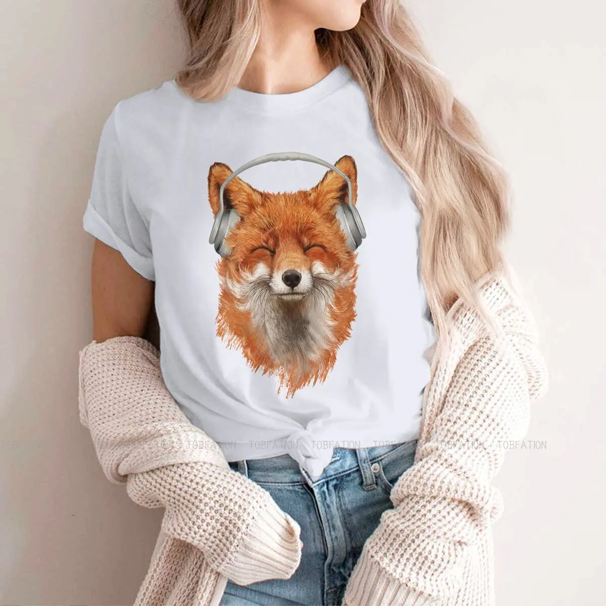 Smiling Musical Fox Women\'s TShirt Meme Design Girls Graphic Tees 5XL Cotton Female T Shirt Funny Fashion Gift