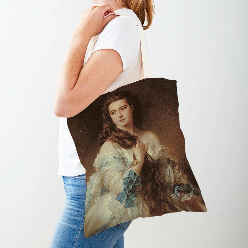 Retro Middle Oil Painting Woman Shopping Bags Vintage European Lady Tote Reusable Canvas Shopper Bag Girl Supermarket Handbag