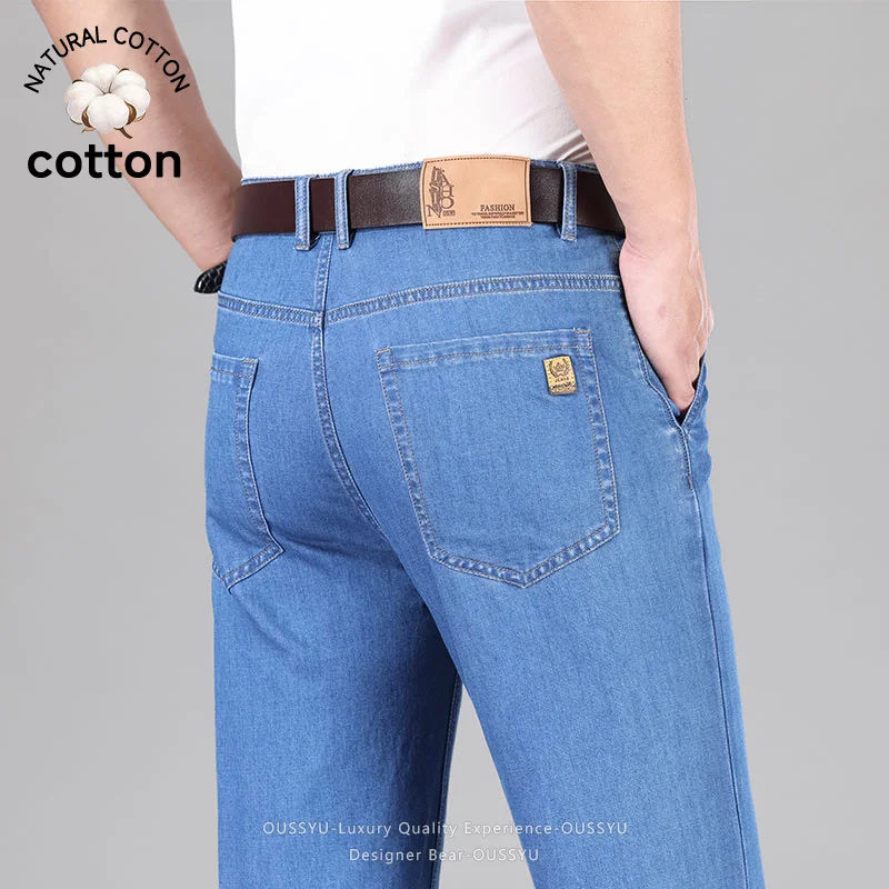 

High Quality Cotton Fabric Jeans Men Summer Thin Business Straight Leg Baggy Trousers Men's Casual Work Long Pants Plus Size 40