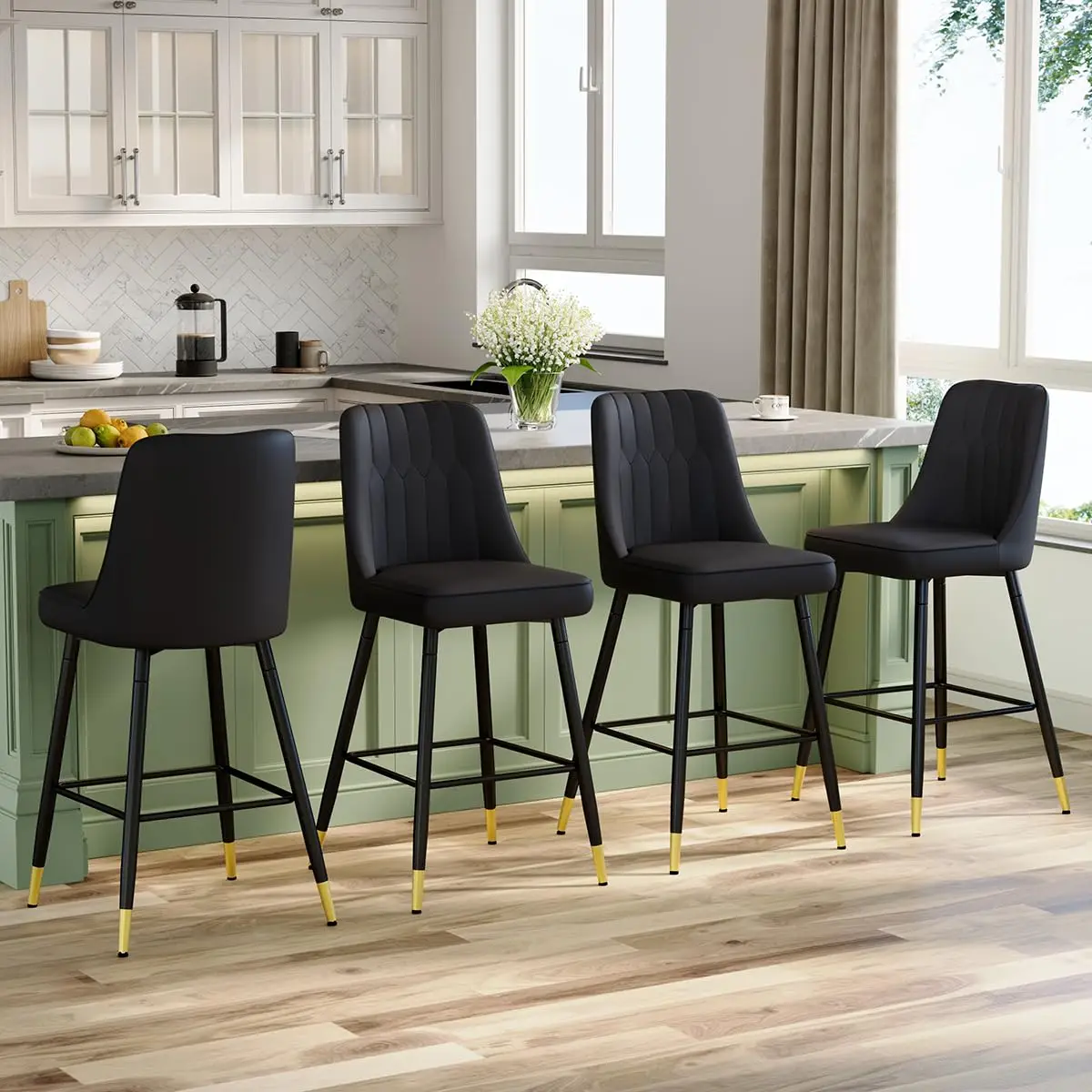 

27" Bar Stools Set Of 4 - Black Counter Height Bar Stools Set Of 4,Faux Leather Kitchen Island Stools With Sturdy, Customized