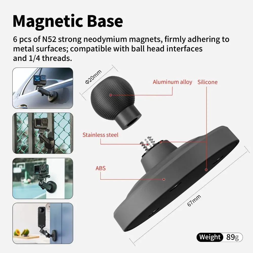 Base con staffa magnetica in lega di alluminio 360 °   Supporto per braccio magico con adattatore 1/4 regolabile durevole per Insta360/DJI Osmo Action/Pocket
