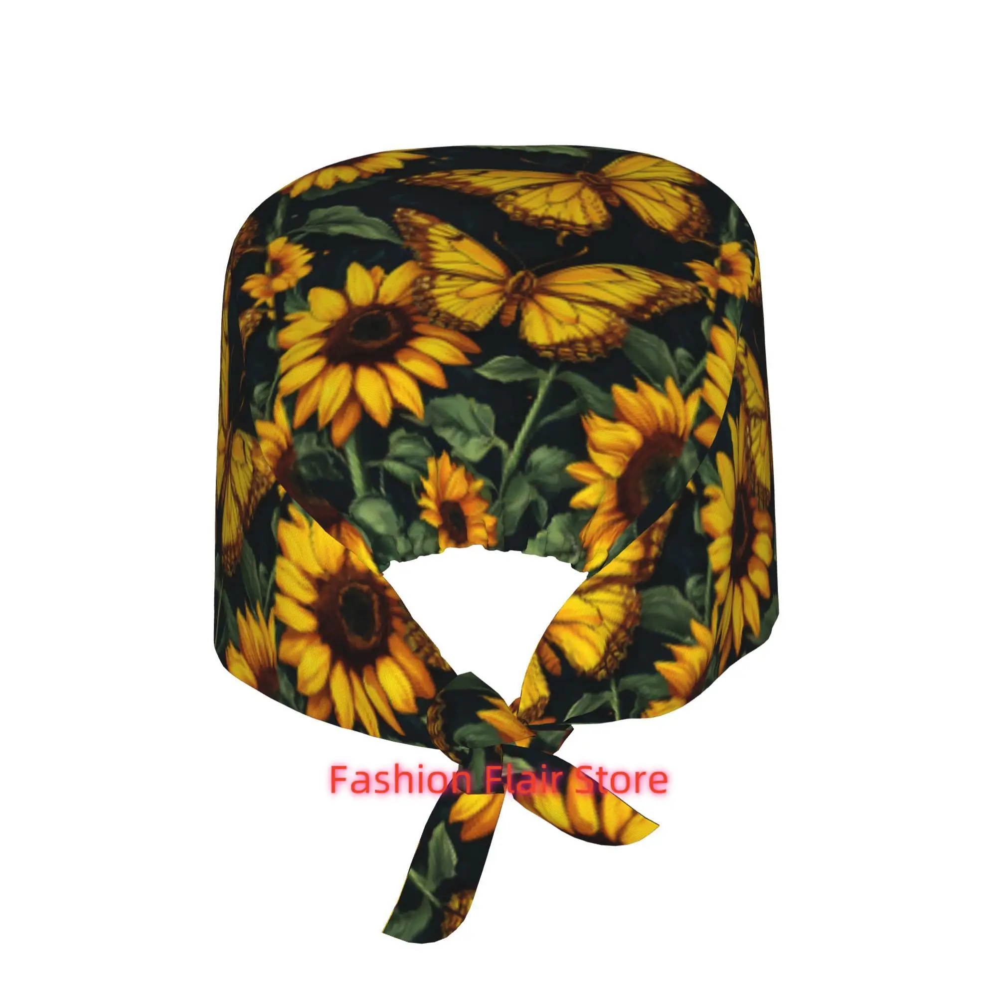1pc Sunflower Unisex Stylish Printed Work Cap - Lightweight Adjustable Skull Cap Tie-Back Nurse Hat, Dustproof Chef & Cooking Ca