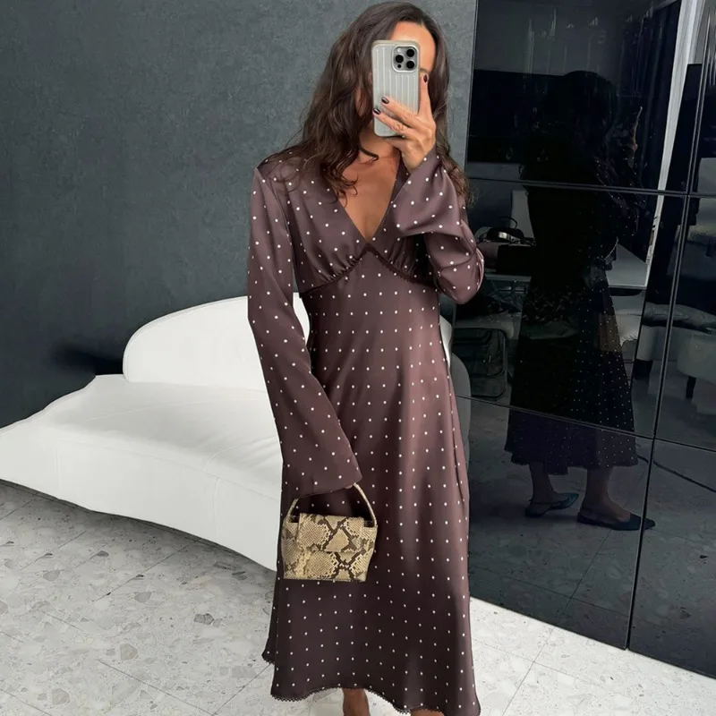 Elegant High-Waisted Polka Dot Satin Dress for Women