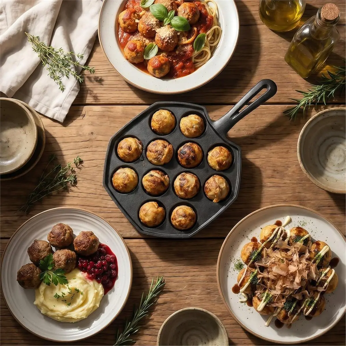 2026 New Tool Cast Iron Takoyaki Pan 12 Hole Aebleskiver Pancake Puff Pan with Forks & Brush, Oven Safe