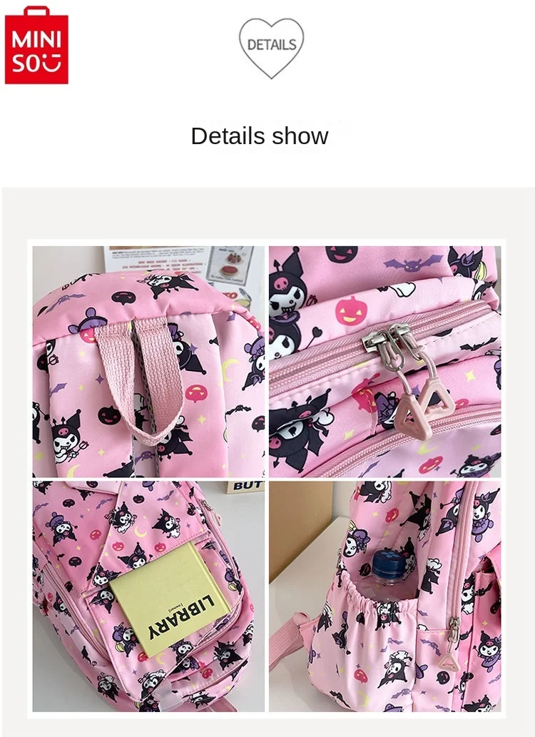 MINISO-mochila feminina de grande capacidade, bolsa escolar de nylon de alta qualidade para estudantes, doce e fofa kuromi, nova moda, 2024