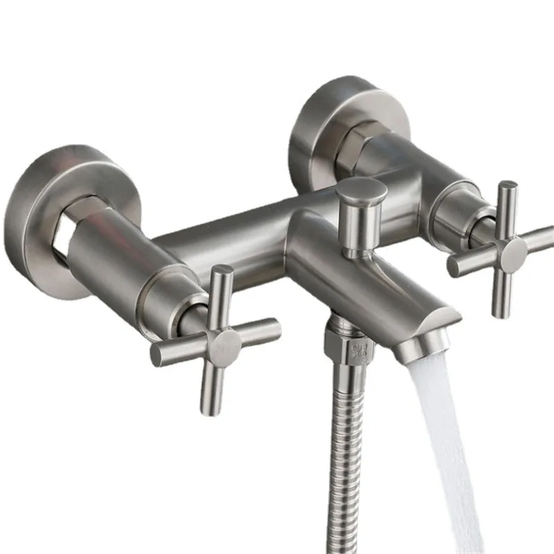 

Bathroom Shower Faucet Stainless Steel Triple Bathtub Faucet Double Cross Handle Dual Control Hot Cold Mixer Valve Nozzle Tap