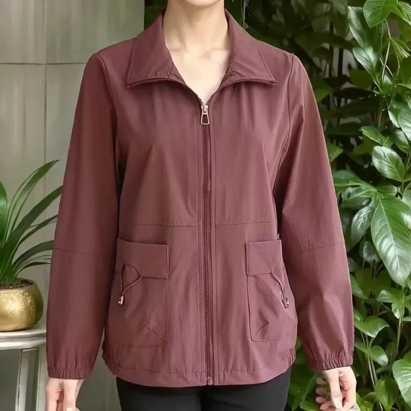 Abrigo holgado de manga larga para mujer, prenda de Color liso con cuello tipo Polo y bolsillos con cremallera, con cordones, a la moda, para otoño