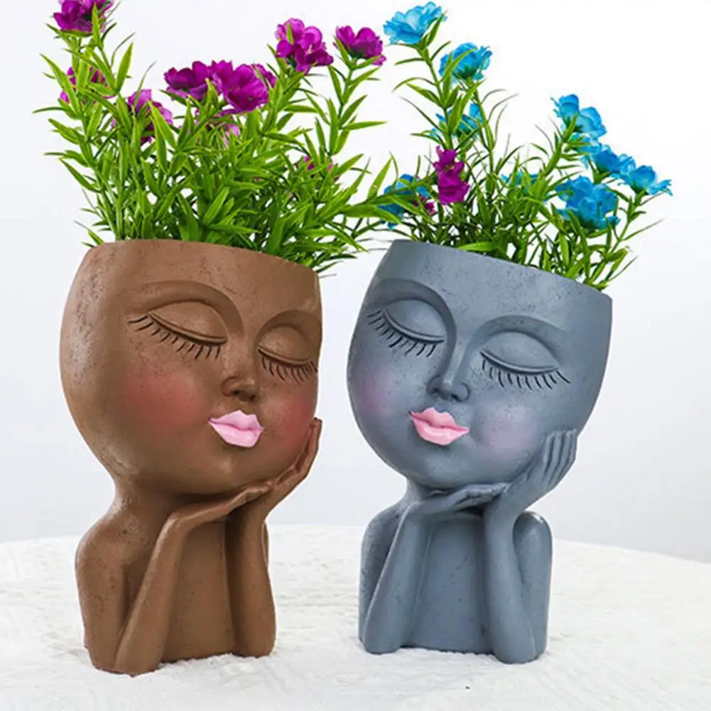 Face Flower Pot Sleeping Beauty Smooth Edge Human Head Planter Decorative Artistic Resin Drainage Plant Pot For Garden