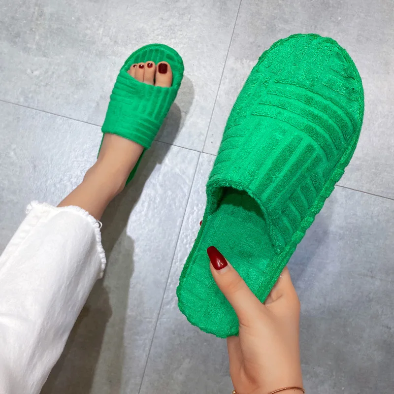 2022 women new home slippers one-word thick-soled warm furry women shoes embossed cotton drag outdoor all-match casual slippers