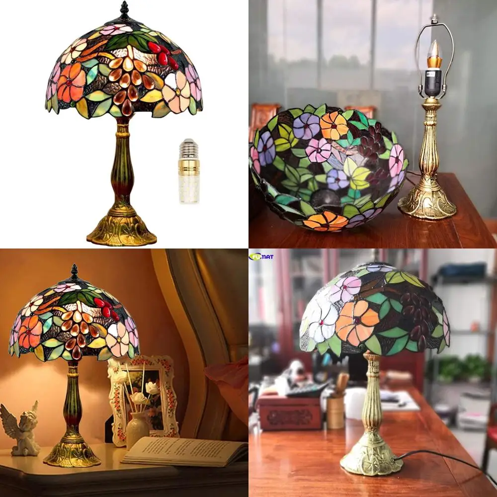 

Handcrafted Grape Rose Stained Glass Table Lamp, LED E26 Bulb, 12x12x18 Inch, Ideal for Bedroom, Living Room, Home Office