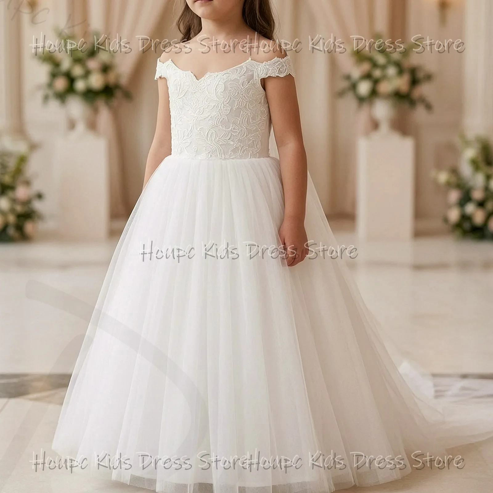 Wedding Custom Flower Girl Dresses Off-Shoulder Lace Bodice Tulle Skirt Floor-Length Wedding Birthday Party Evening Party