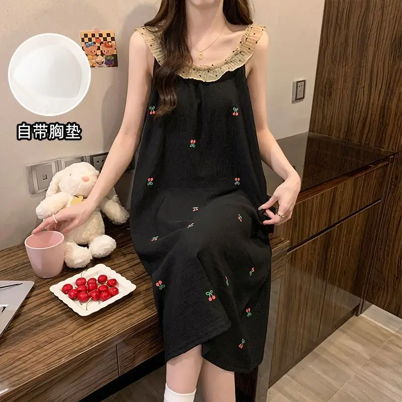 

Летняя сексуальная кружевная ночная сорочка на бретельках из хлопка для женщин, корейская милая пижама, ночное платье, ночнушка 2026