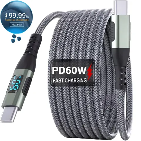 Câble de charge rapide PD 60W avec affichage numérique USB Type C pour iPhone 17 Samsung Xiaomi Honor POCO – Câbles de charge en nylon
