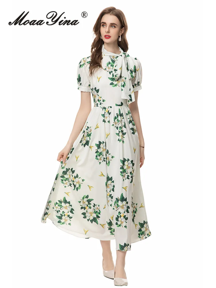 

MoaaYina Summer Fashion Runway Temperament Dress Women Vintage Elegant Floral Print BOW Puff Sleeve Mid-Calf A-LINE Dresses