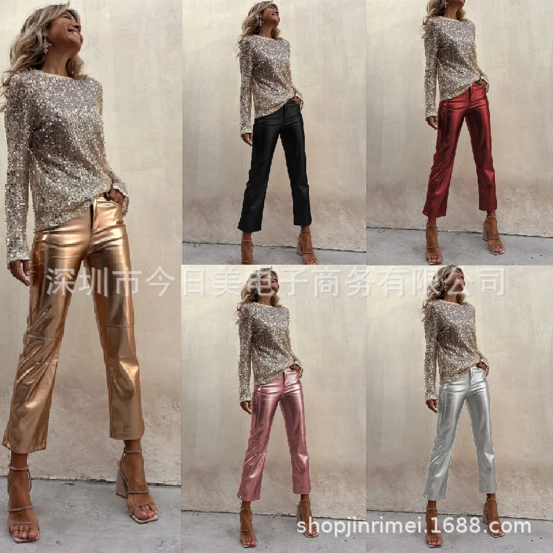 

WildPinky Metallic Color Leggings Women Pants Dancing Party Sexy Night Club Skinny Costume Pants Tight Trousers Cropped Pants