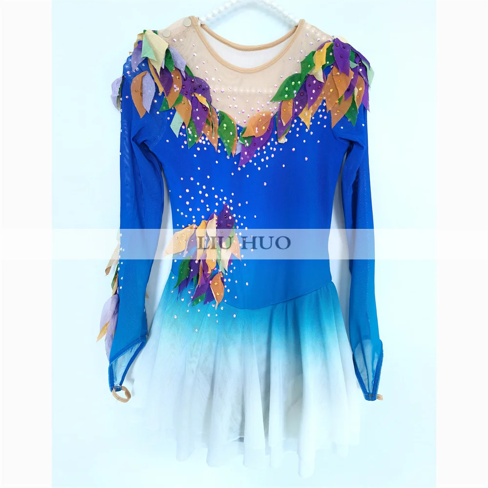 LIUHUO-Vestido Feminino de Patinação no Gelo, Traje Adulto Adolescente Menina Personalizar, Rolo de Collant Azul, Competição de Performance