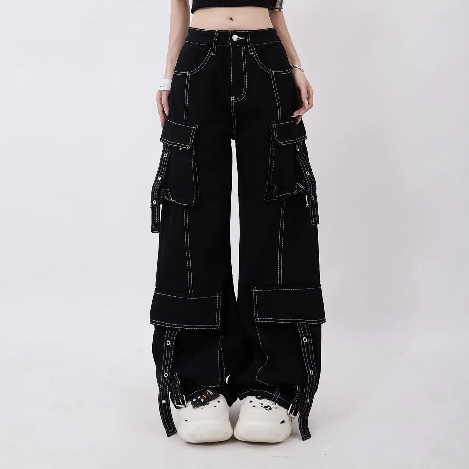 American Retro Dopamine Wear With Women Multi Pocket Cargo Pants Line Decoration With All Straight Leg Loose Wide Leg Jeans