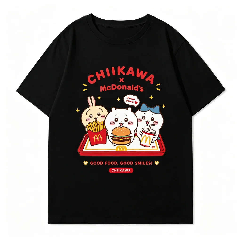 Kawaii Niedliches Ästhetisches Chiikawa McDonald's Kollaborations-Burger-Frites-Print Baumwolle Atmungsaktives Unisex-T-Shirt mit Rundhalsausschnitt – Detail 5