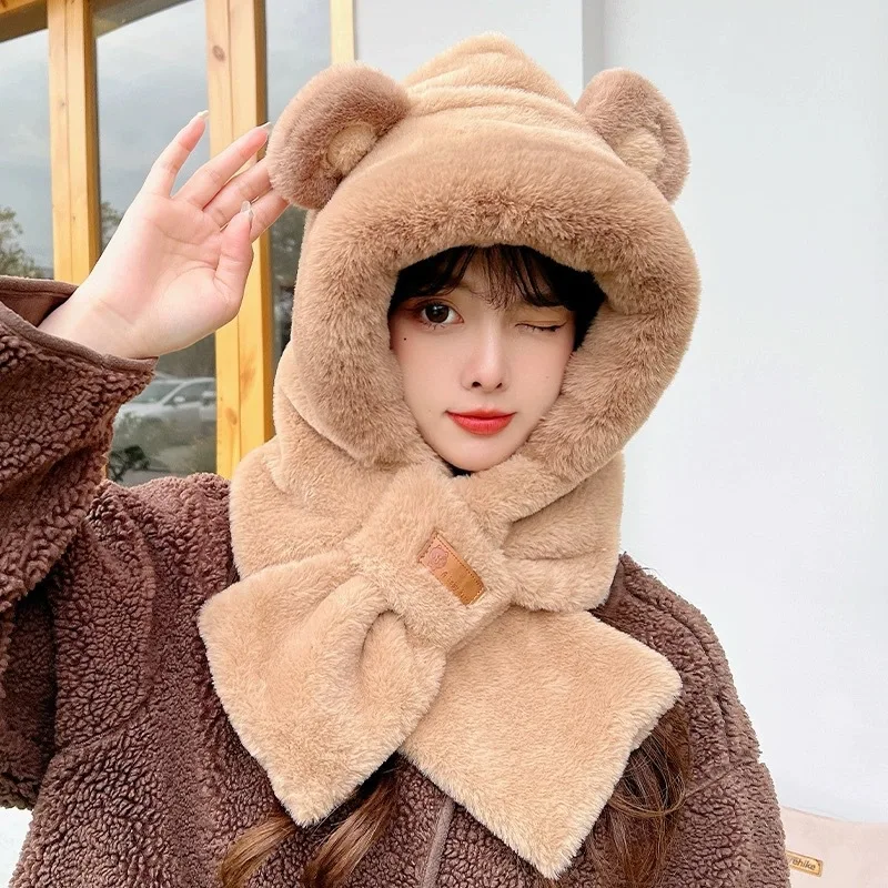 Thicken Fur Winter Warm Hat Scarf One Piece Set Cute Bear Ear Plush Women Girl Hooded Cap Outdoor Cold-proof Earmuffs Beanie