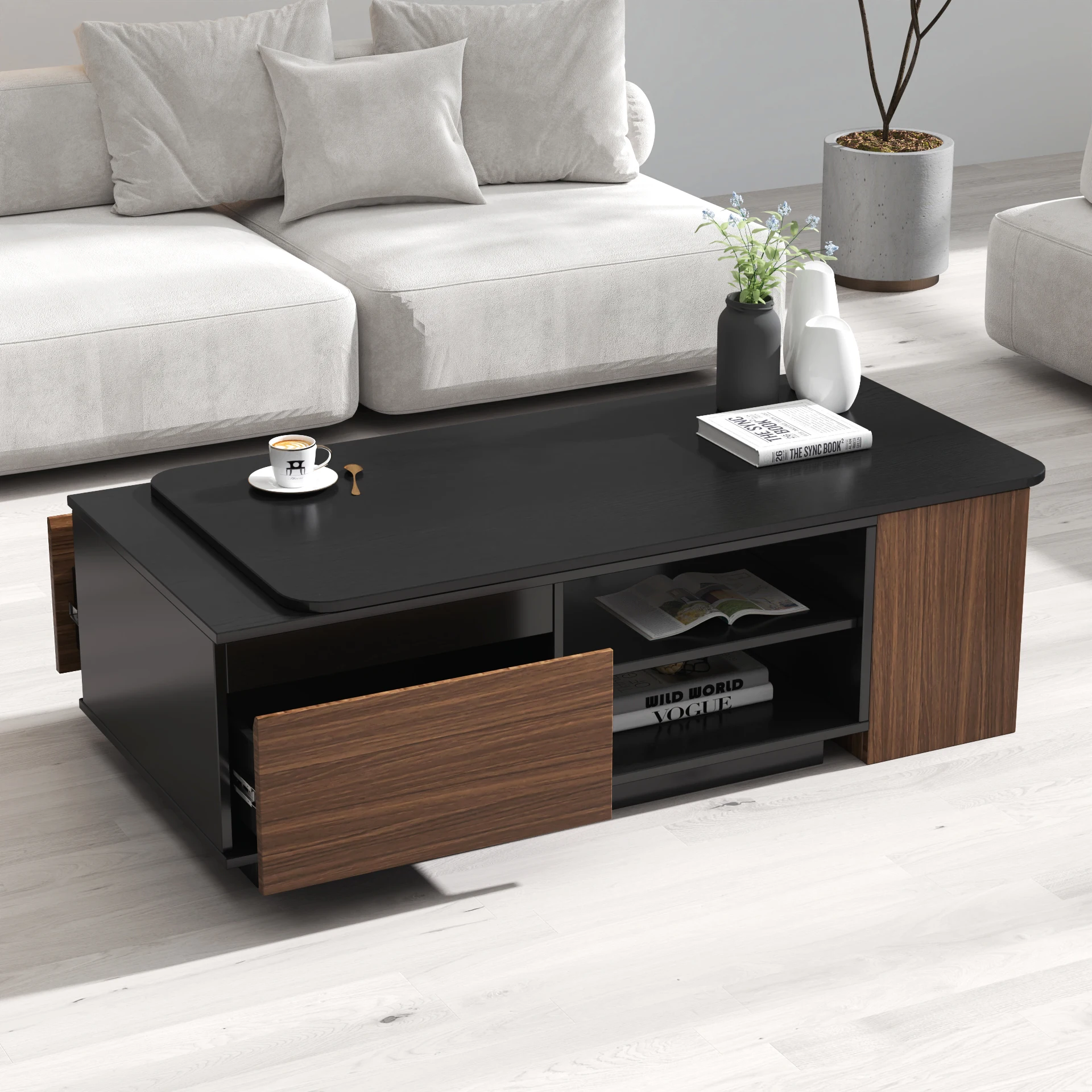 Extendable Wood Coffee Table - Rectangular w/2 Drawers & Adjustable Length for Living Room