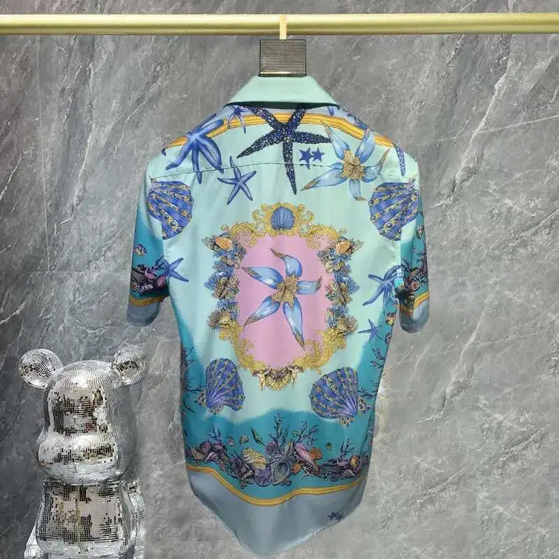 คุณภาพสูง Ocean World ความคมชัดแขนสั้นเสื้อวันหยุดสบายๆชุดเสื้อเสื้อผ้าเสื้อ Slim โหมด Homme