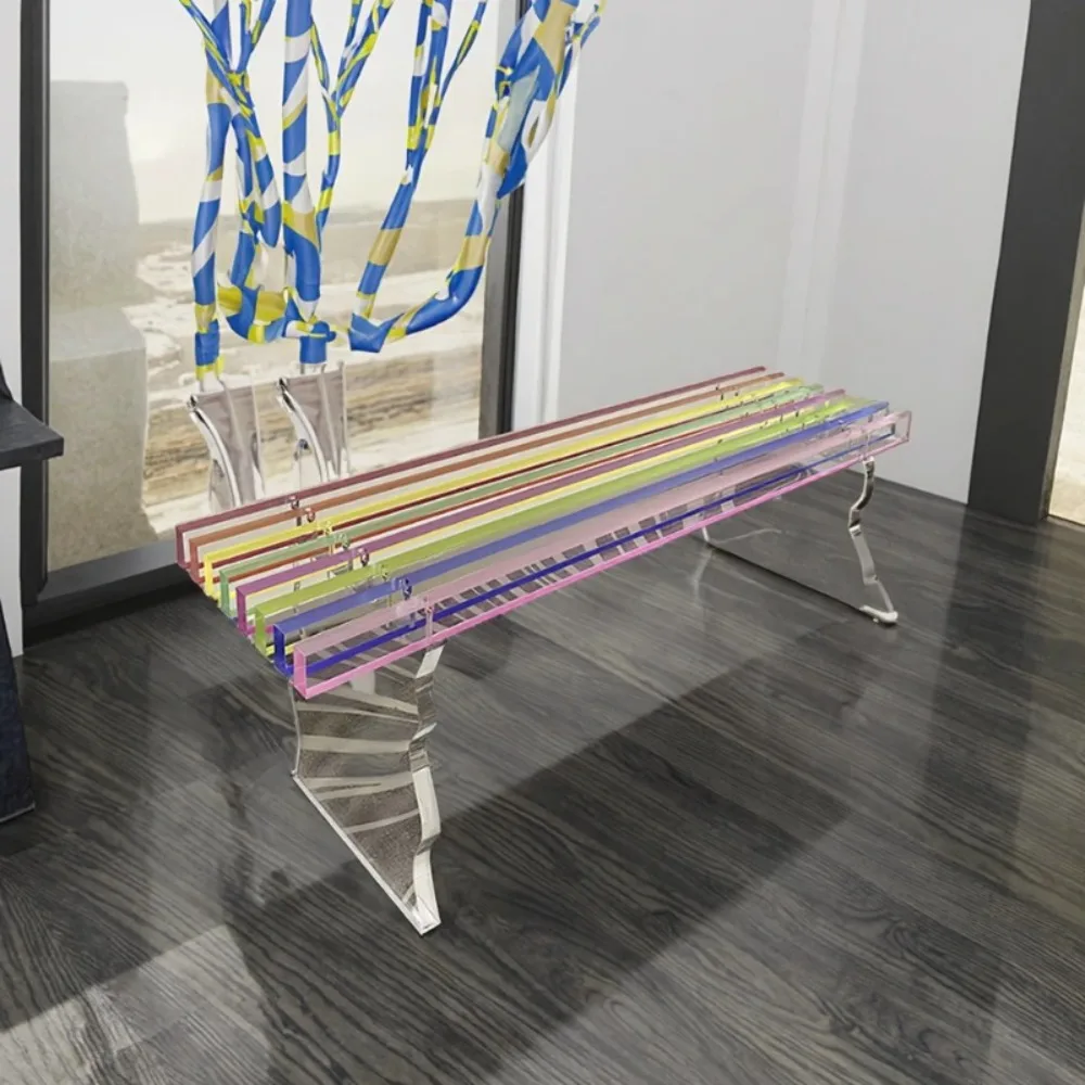 레인보우 아크릴 투명 벤치 – 거실, 현관 및 침실용 모던한 투명 롱 스툴, 가볍고 이동이 쉬움