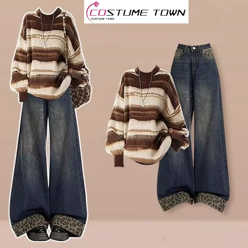 

Повседневный женский комплект, осенне-зимняя полосатая трикотажная рубашка с круглым вырезом, широкие джинсы, уменьшающий возраст комплект из двух предметов