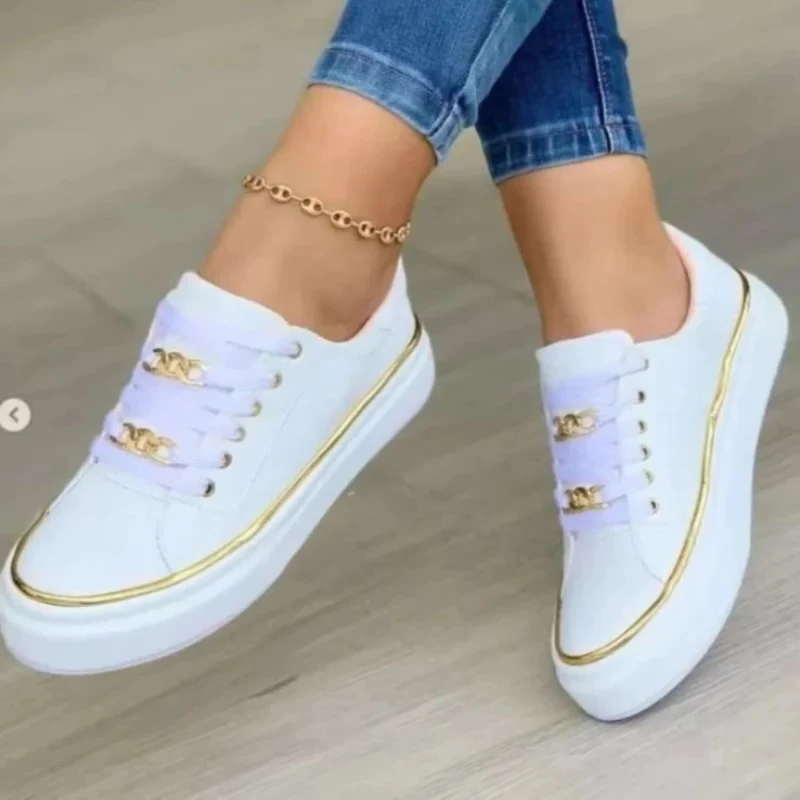 Platform Shoes for Women Round Head Lace-Up Flats Sneakers Fashion Leather Casual Ladies Vulcanized Shoes Plus Size 36-42