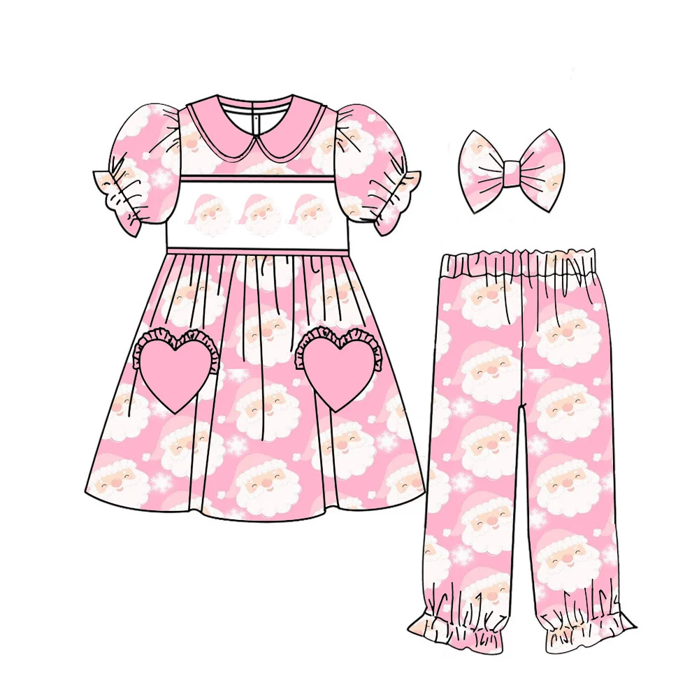 Christmas Boutique Girl's Set Collared Puff-Sleeved Top Paired with Trousers Santa Claus and Christmas Tree Print Love Pocket