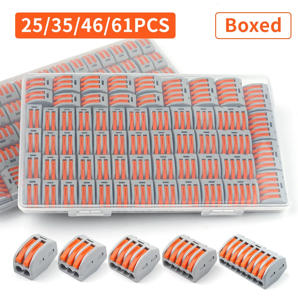 25/35/46/61PCS-Box Quick Wire Connectors 221-413 Lever 2/3/4/5/8 Ports Push-in Electrical Cable Home Assortment Terminal Block