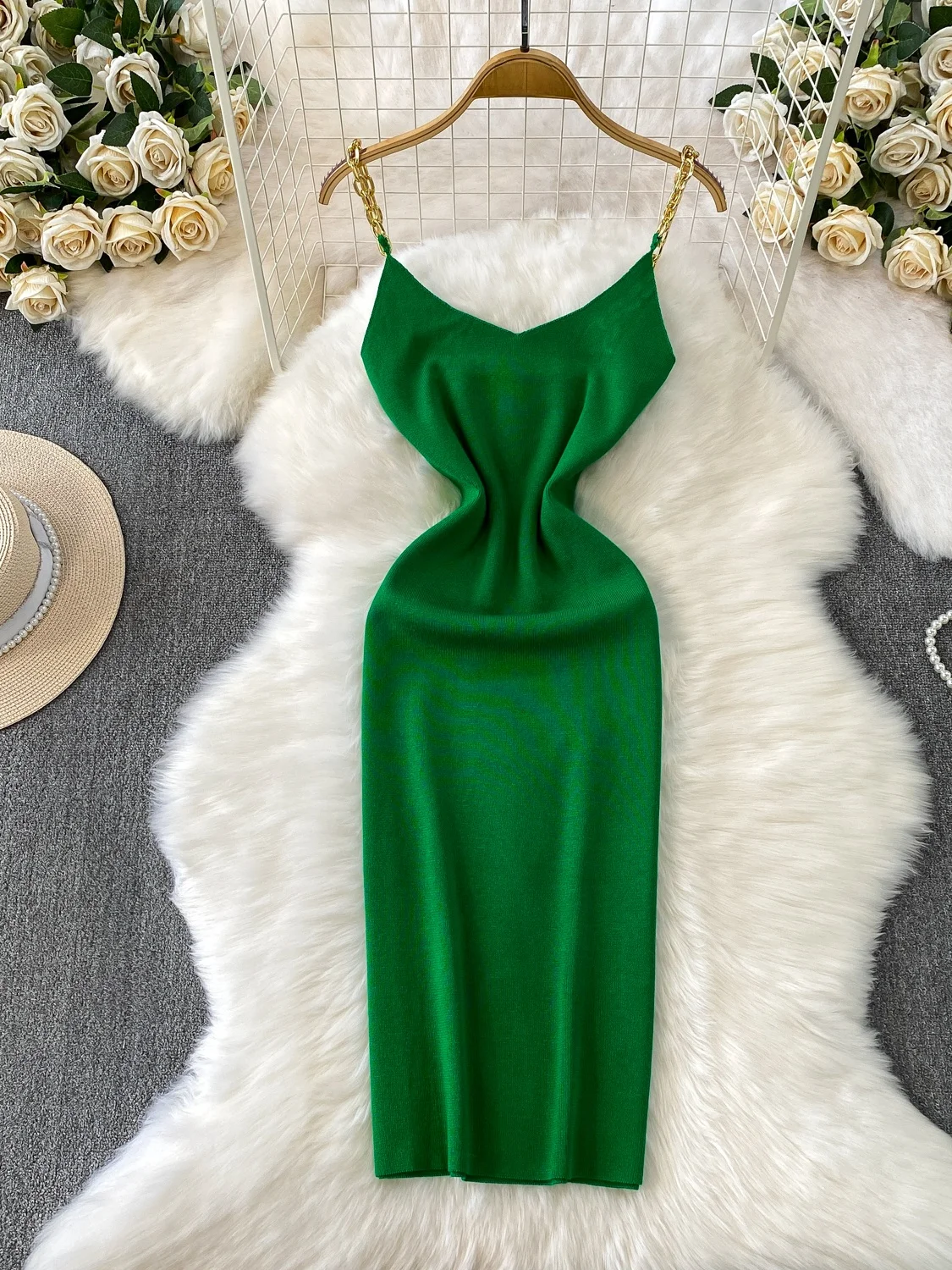 

Ele V-ne Chain Strap Dr Women's Inner Wear Pure Desire Mid-length Skirt High Waist A-line Silhouette No-sve