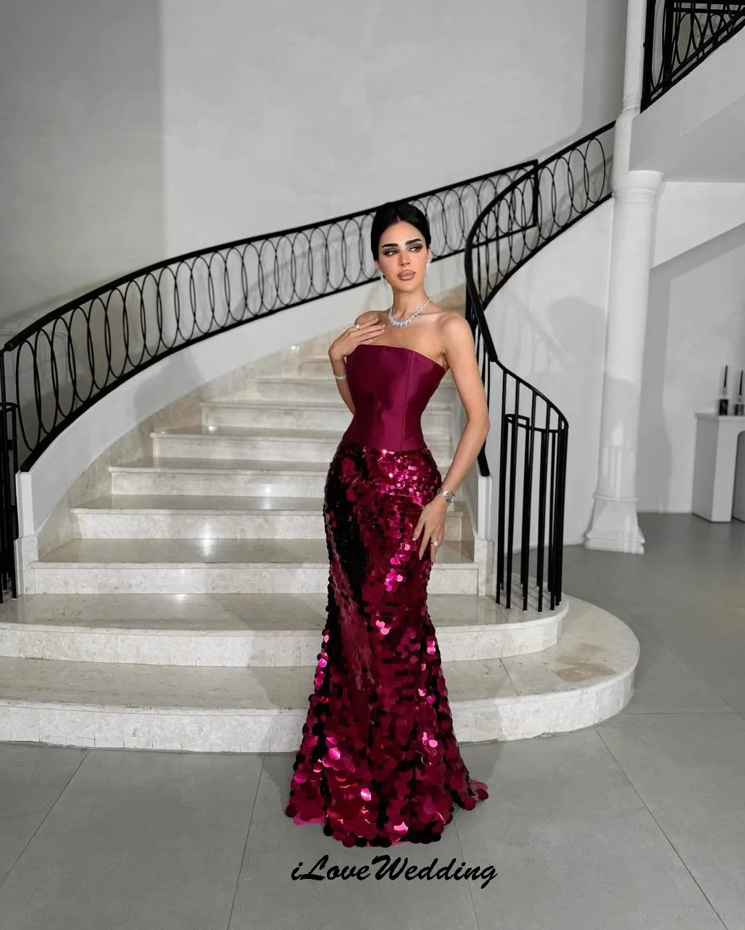 

Luxurious Rose Red Seqiun Prom Dresses Elegant Wedding Party Dress For Woman Mermaid Strapless Formal Evening Dress Customized
