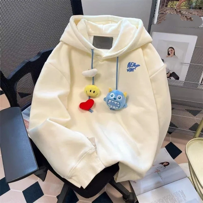 Winter Thickened Velvet Women's New Cartoon Three-dimensional Doll Top Loose Hooded Sweatshirt