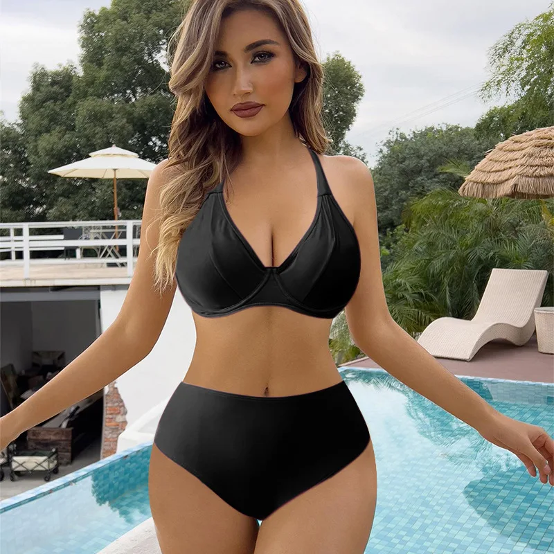 

Bikini Two-Piece Set Solid Color Simple Style Swimsuit European and American Fashion Sexy Large Bust Push-Up Hot Girl Swimwear W