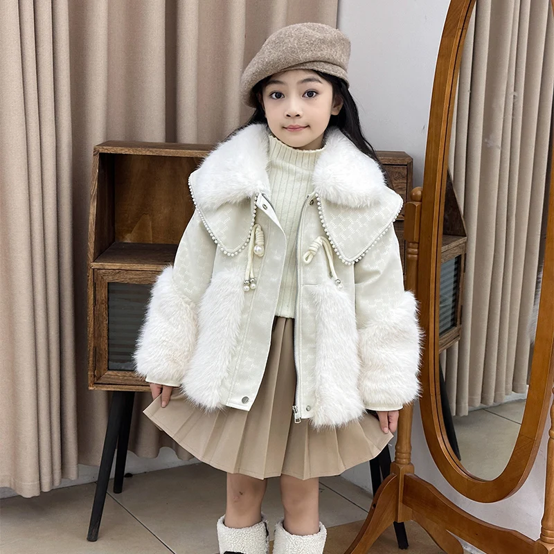 

Girl's 2025 Winter Imitation Fur Coat New Children's Plush Thick Cotton Coat Long Sleeve